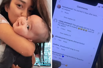 Shay Mitchell and baby Atlas take a selfie next to Shay scrolling through hate comments
