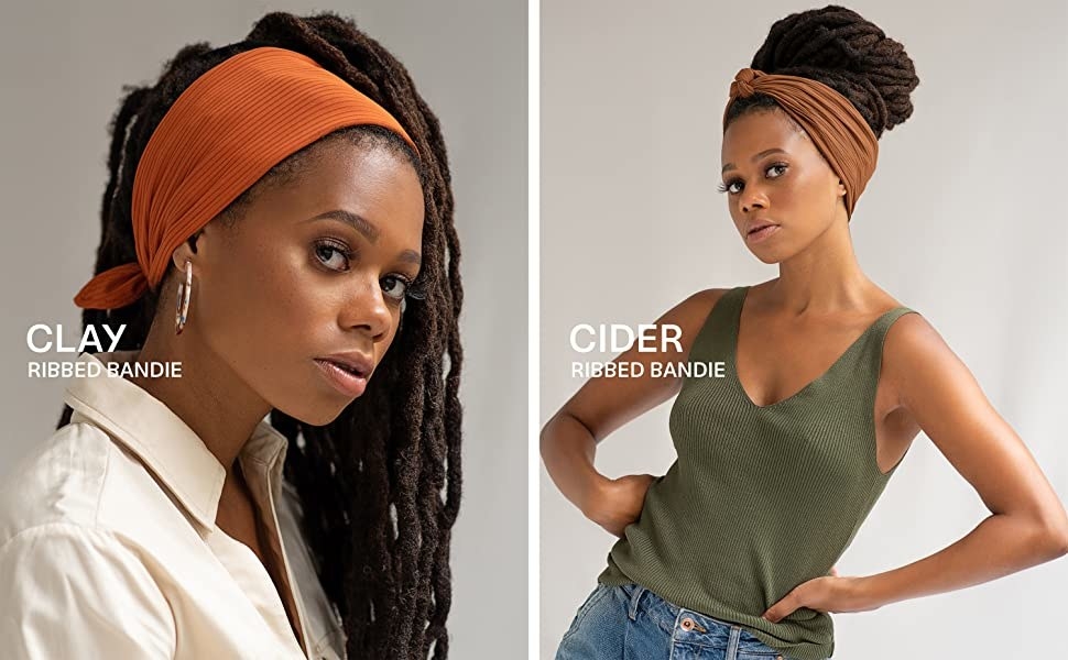 Two models wearing different color hair wraps and styled in different ways