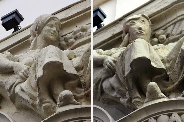The original sculpture has a woman&#x27;s realistic smiling face, while the restored sculpture has a cartoon-like face with large, offset eyes and a gaping mouth