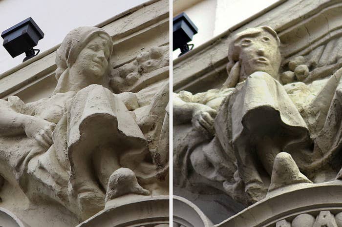 The original sculpture has a woman's realistic smiling face, while the restored sculpture has a cartoon-like face with large, offset eyes and a gaping mouth
