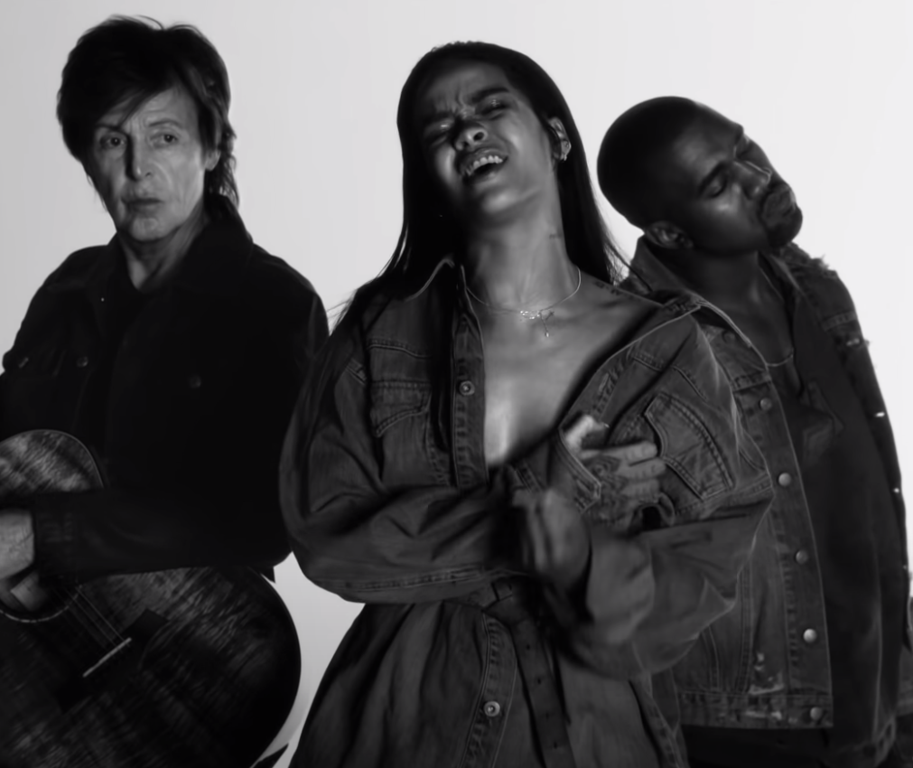 The black and white music video for the song featuring McCartney on guitar, and Rihanna and Kanye singing