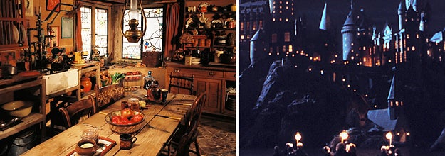 (left) a cozy shot of the Burrow's dining table topped with bread and dishes; (right) A night shot of Hogwarts with boats sailing towards it