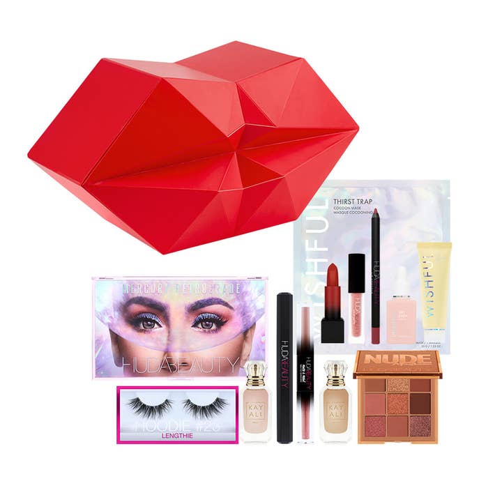 the red abstract lip box and an array of huda beauty products