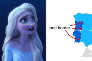 A side-by-side of Elsa from "Frozen 2" and a map of Portugal and Spain