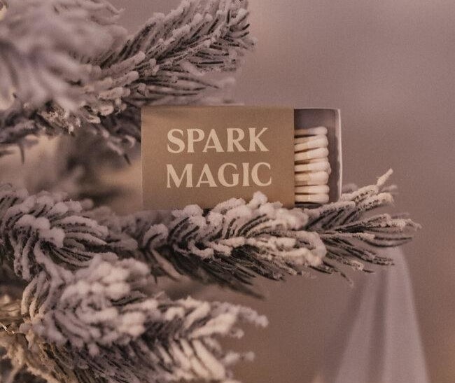 a match book that says spark magic on it on the branch of a snowy tree