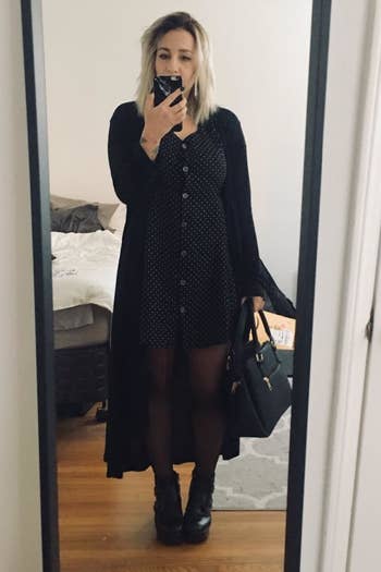 Reviewer wearing duster-style cardigan