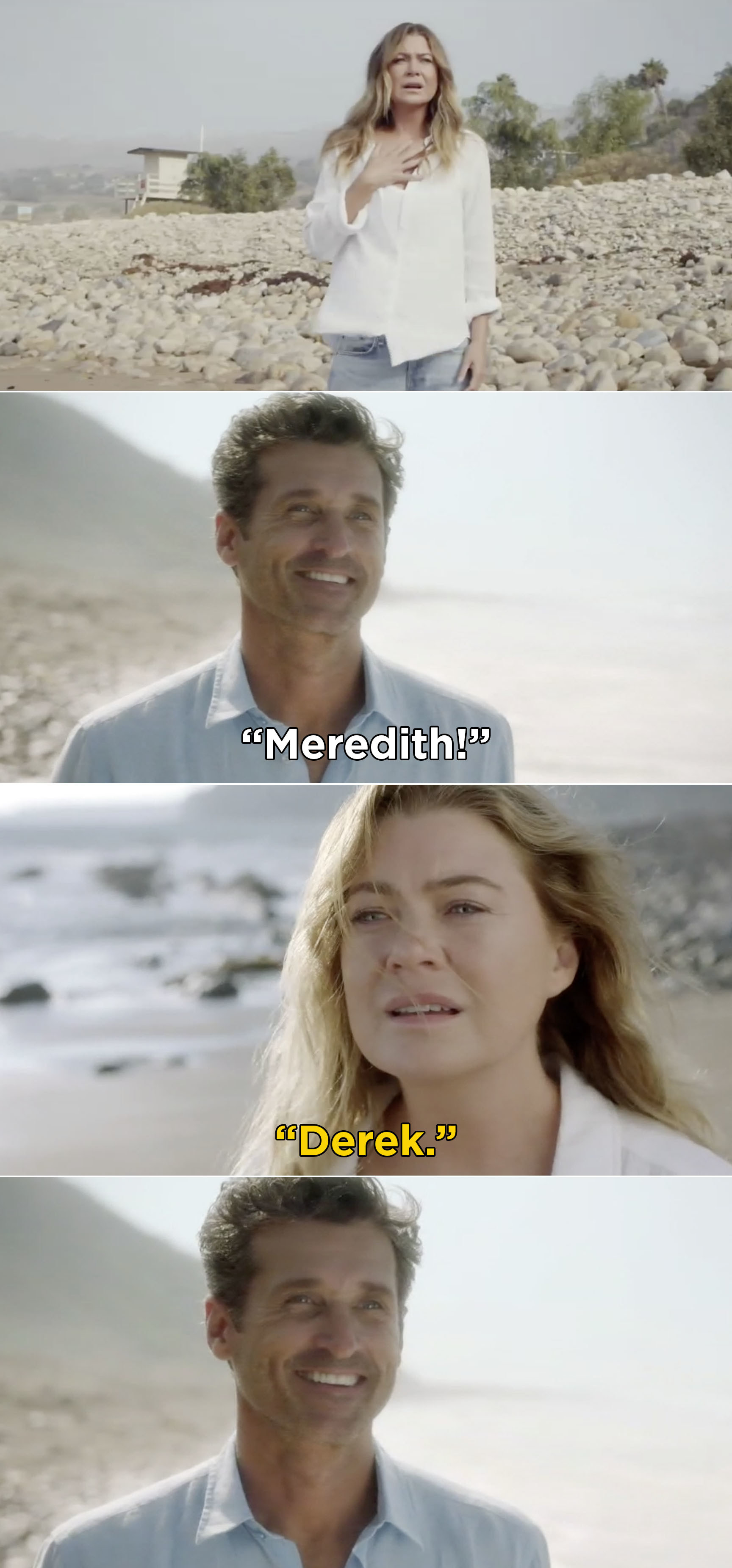 Derek shouting Meredith and Meredith shouting Derek after seeing him on a beach