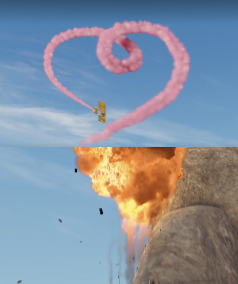 Vanessa draws a heart in the air then crashes the plane into rock and it explodes