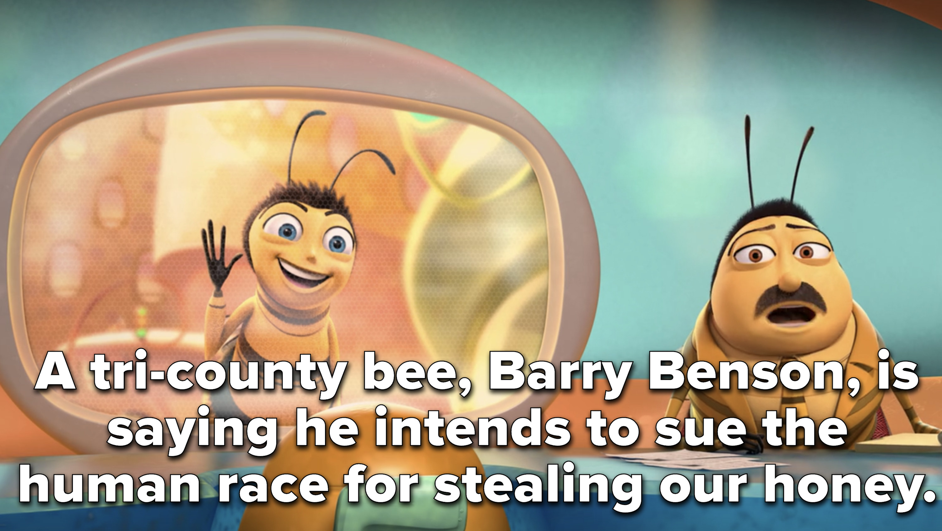 a news reporter says Barry is planning to sue the human race for stealing honey