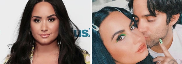 Demi Lovato next to a selfie of herself and ex Max Ehrich