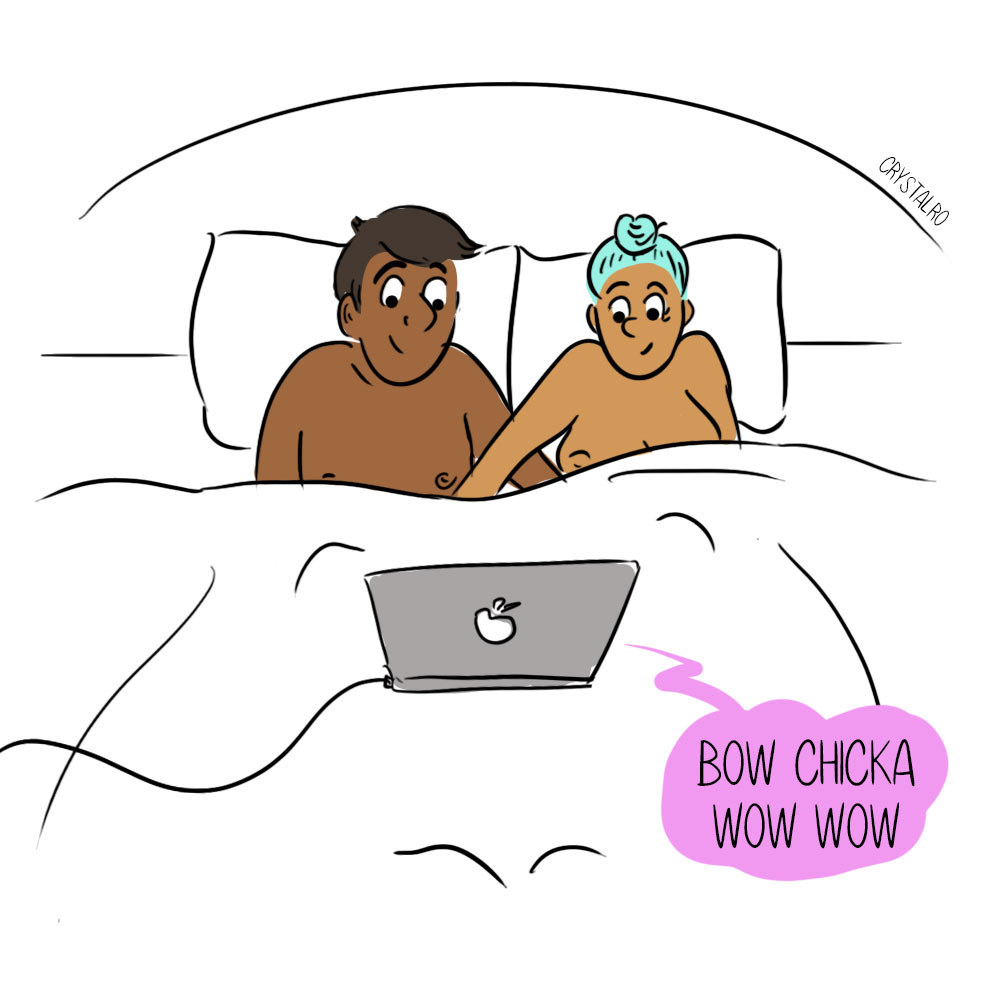 A drawing of a couple sitting next to each other in bed with a laptop in front of them.