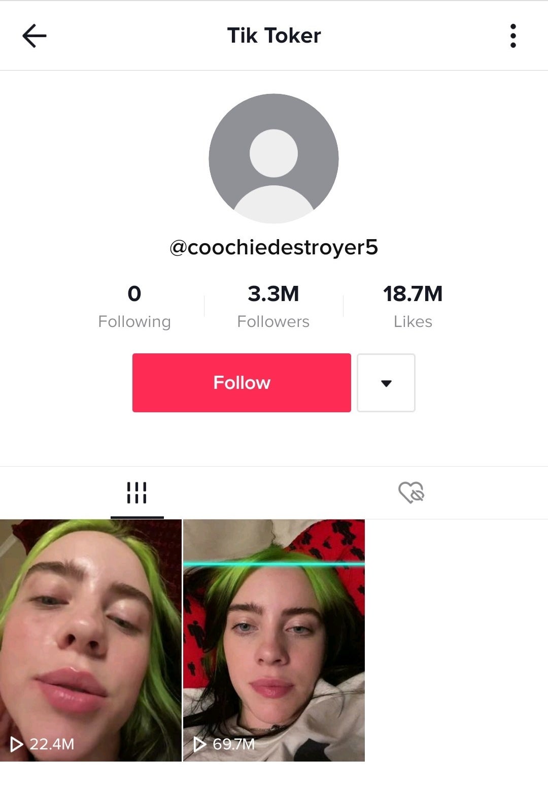 Billie Eilish&#x27;s TikTok page with two videos, featuring her memorable username: coochiedestroyer5