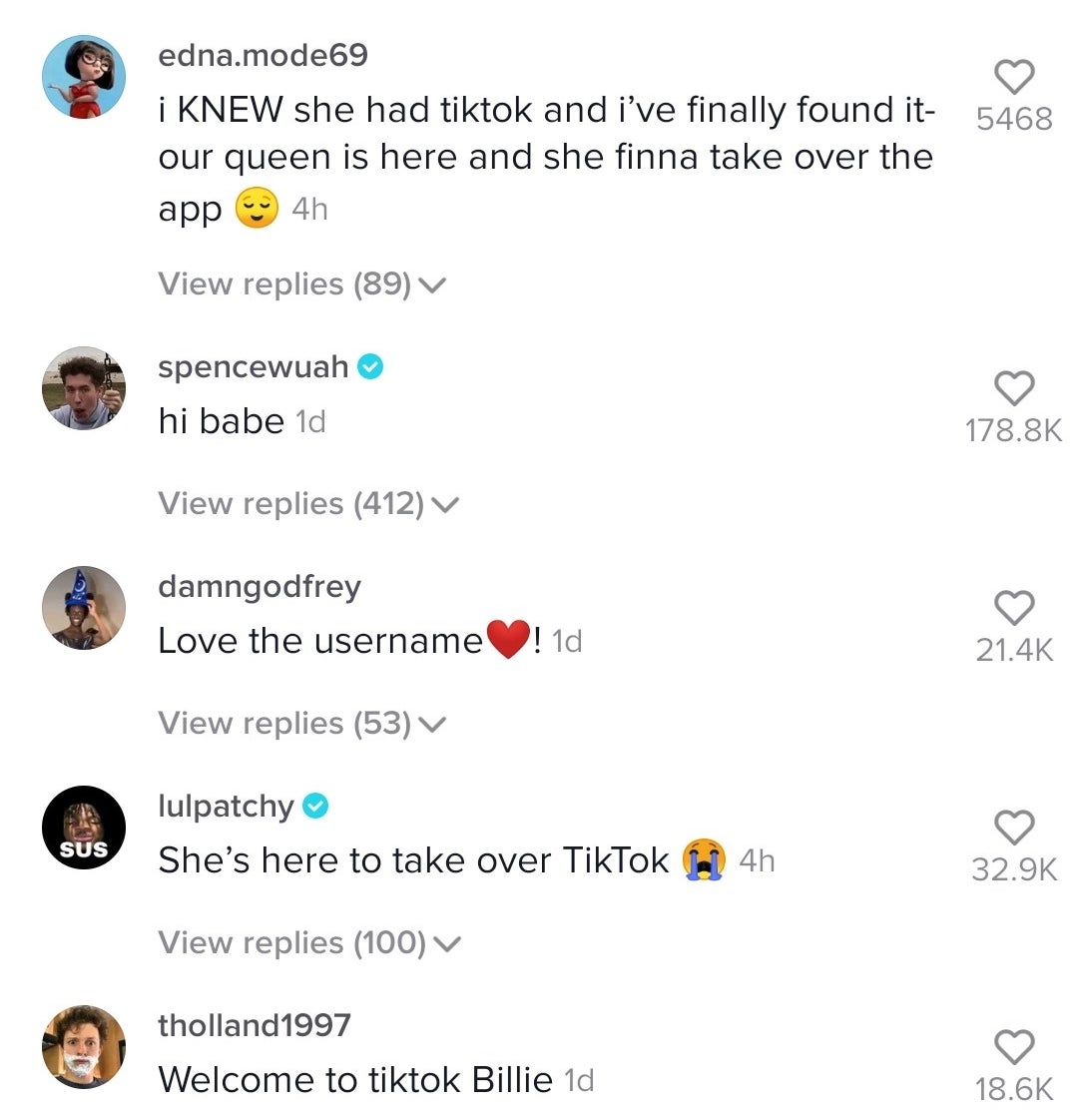 Fans freak out over the fact that Billie joined TikTok with comments like &quot;Welcome to TikTok, Billie&quot; 
