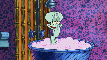 Squidward sinking into a bubble bath
