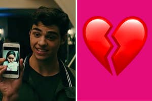 Peter Kavinsky is holding up a cell phone with a broken heart emoji on the right