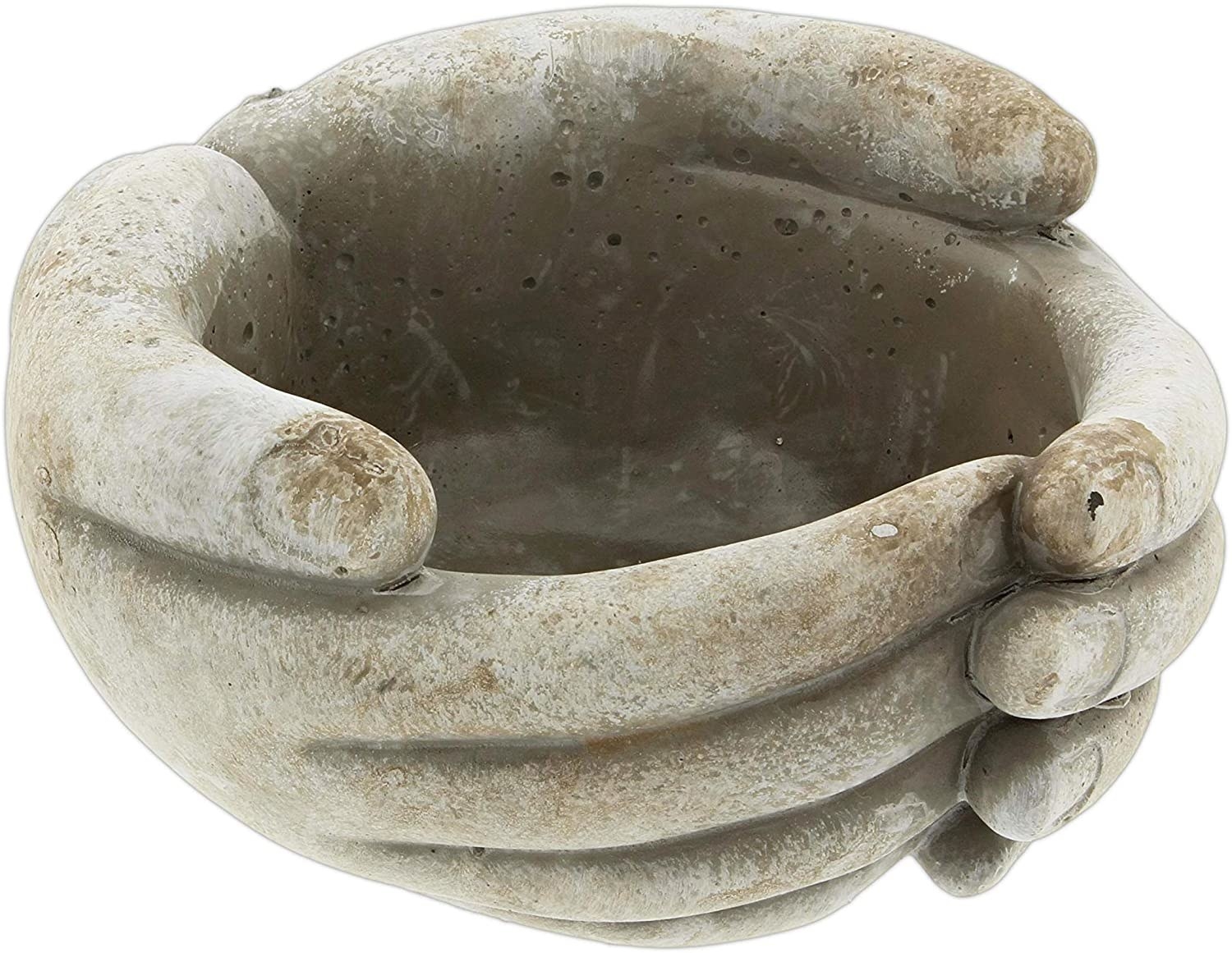 Cement planter shaped like cupped hand