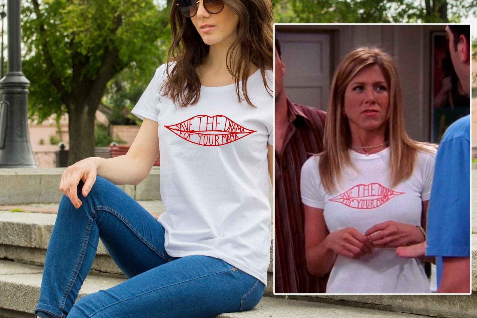 a model and rachel green both wearing a white tee with lips on it and inside the lips it says save the drama for your mama