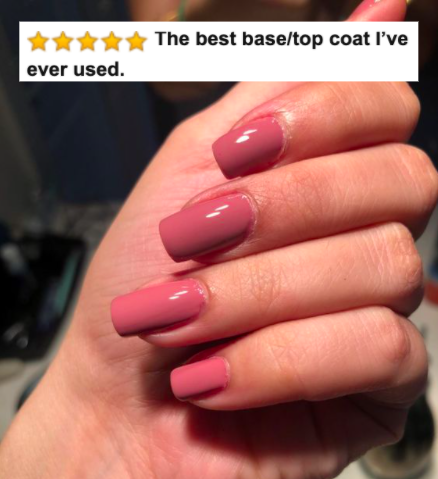 Reviewer&#x27;s freshly-done nails with five-star Amazon caption &quot;the best base/top coat I&#x27;ve ever used&quot;