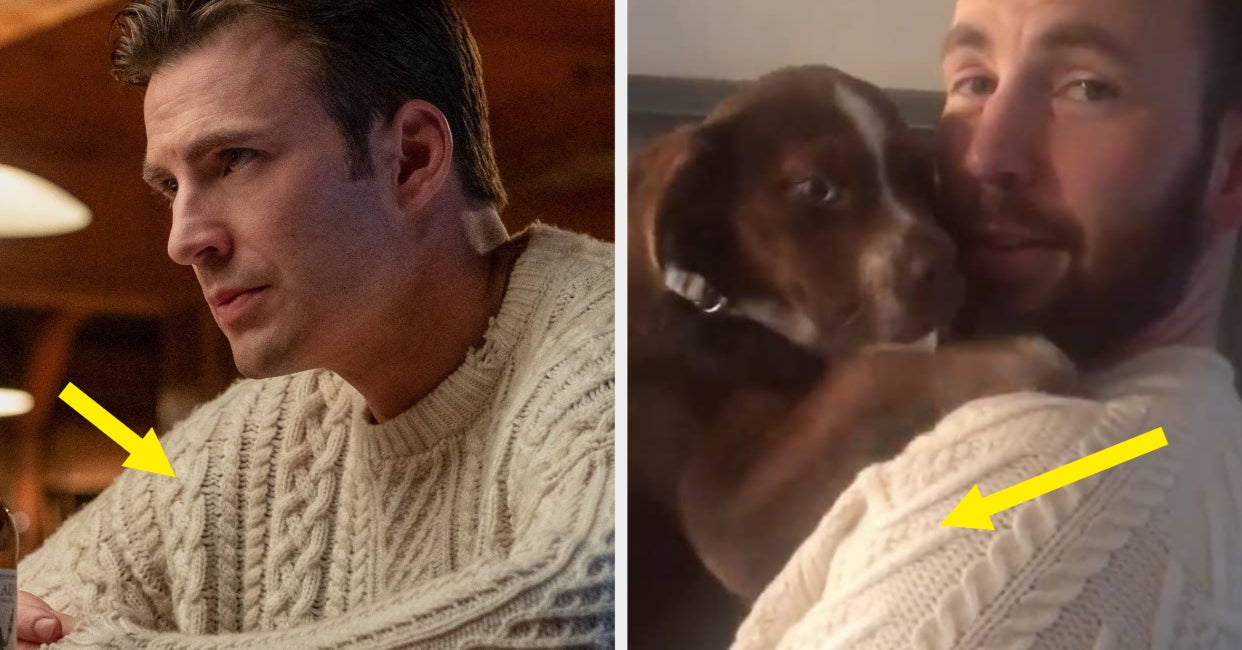 Chris Evans Wearing The "Knives Out" Sweater While Holding A Puppy Is The Content I Needed Today