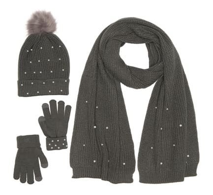gray winter hat, gloves, scarf in gray with faux pearls on them as accents