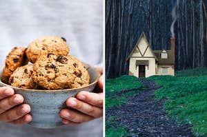Someone is holding a batch of cookies on the left with a cottage on the right