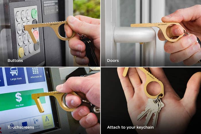 series of photos showing the key ring CleanKey to push buttons, pull doors, and touch screens