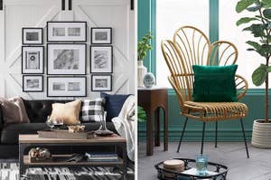 on the left a coffee table and on right a rattan chair 