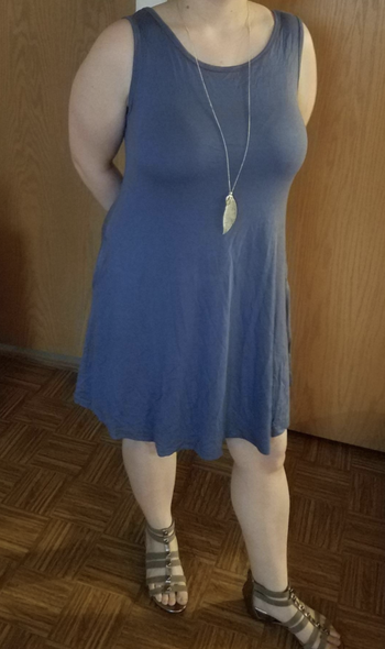 A reviewer wearing the blue dress