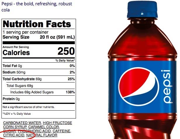 Screenshot of Pepsi&#x27;s nutrition facts, including an entire list of its ingredients with the &quot;Citric Acid&quot; circled in red