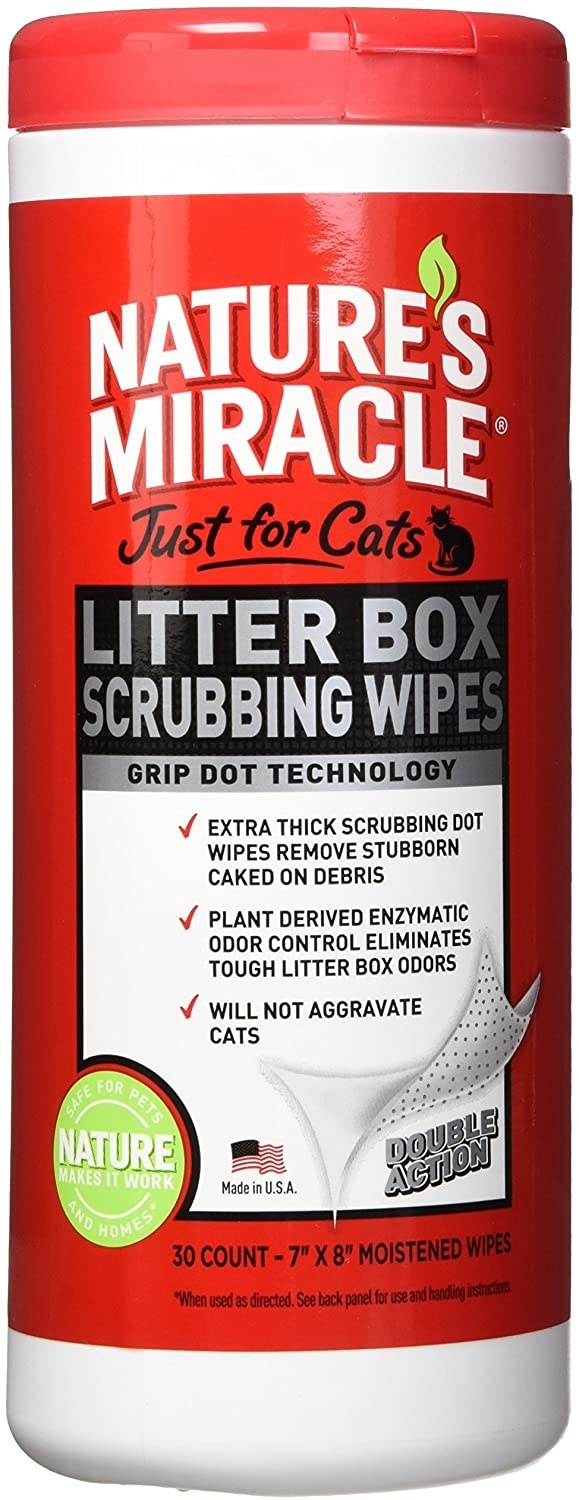 Moistened wipes with scrubbing dots to remove caked-on debris