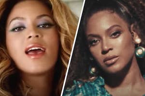 Beyonce is singing on the left with a serious face on the right