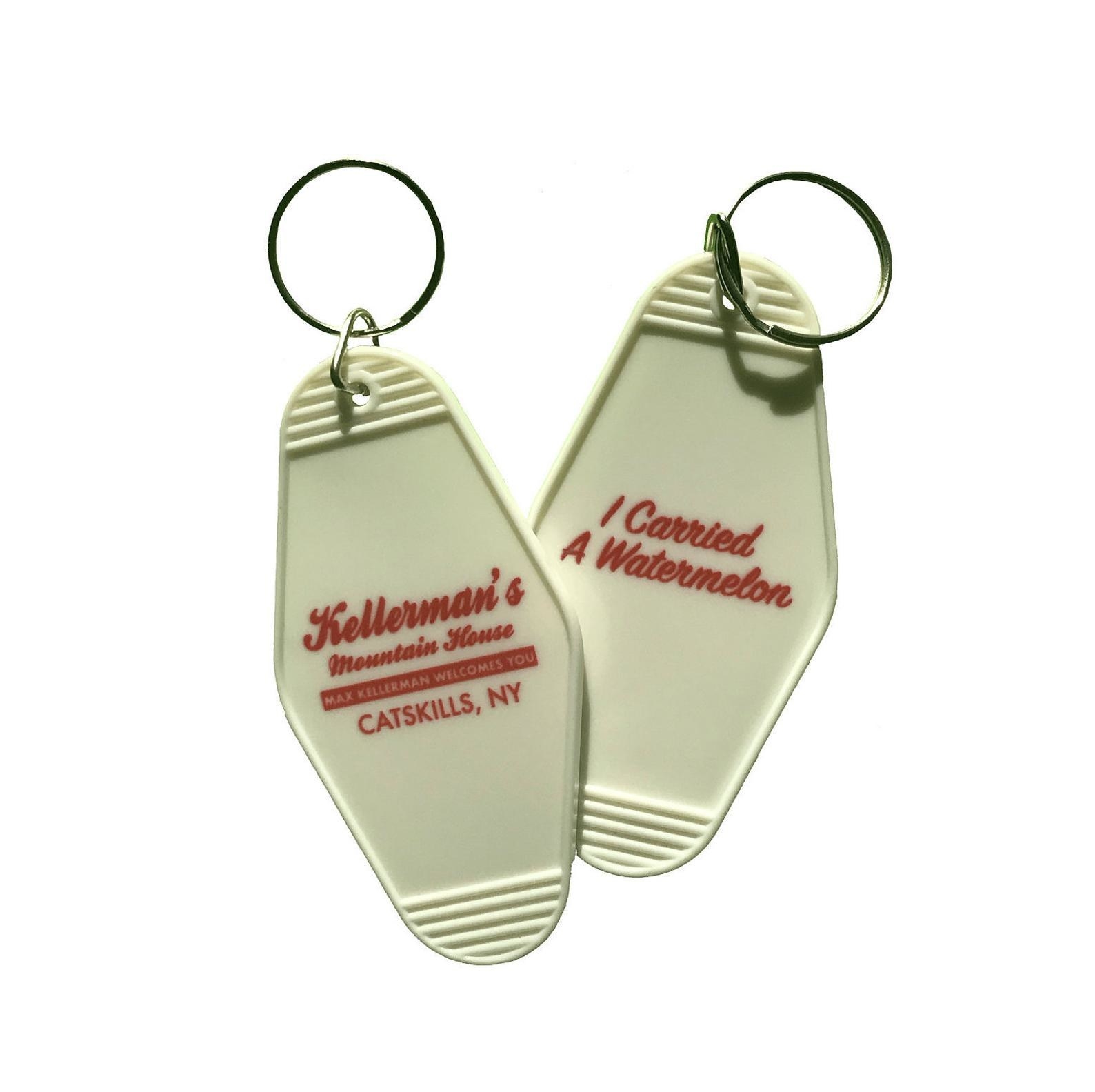 The rhombus keychain with &quot;Kellerman&#x27;s mountain house Catskills NY&quot; on one side and &quot;I carried a watermelon&quot; on the other