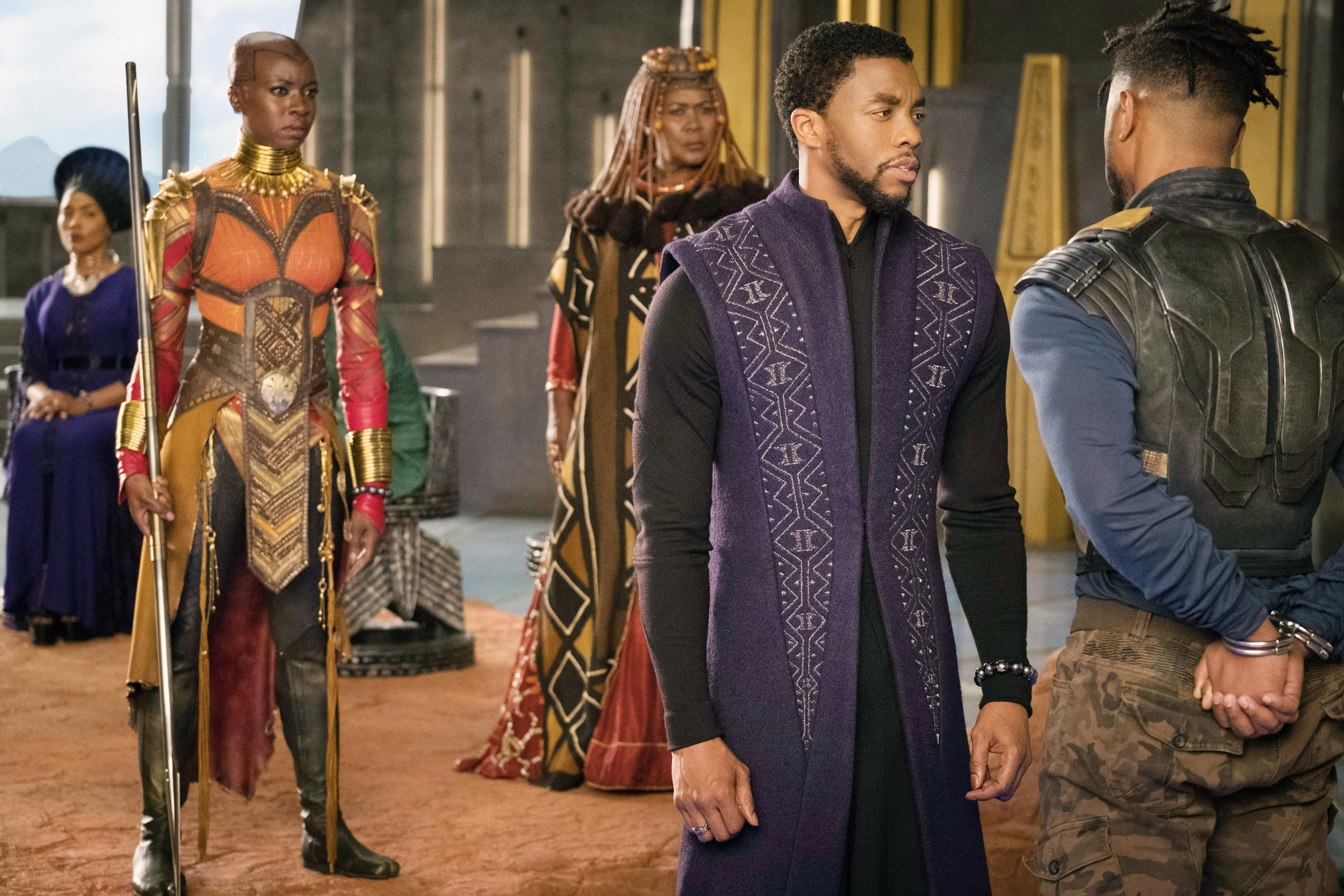 Angela Bassett, Danai Gurira, Connie Chiume, Chadwick Boseman, Michael B. Jordan in Black Panther