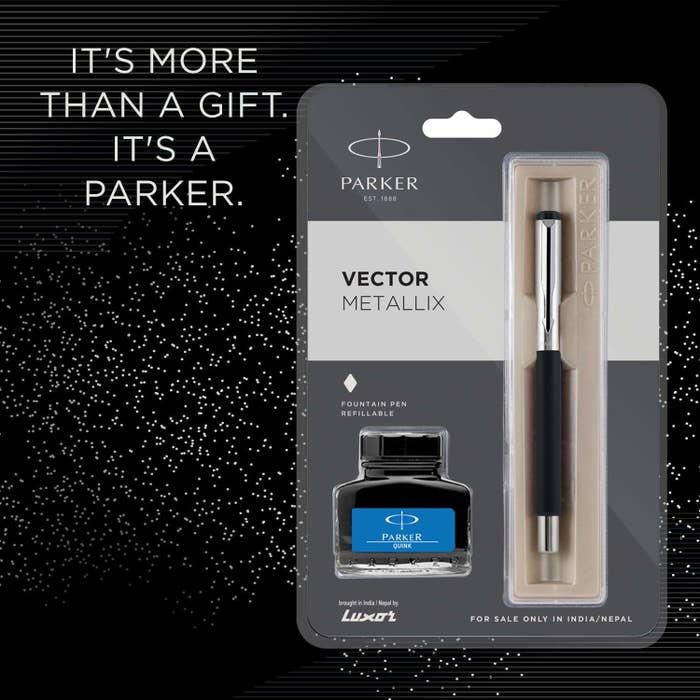Pen and ink inside the packaging, with text beside them reading, &quot;It&#x27;s more than a gift. It&#x27;s a Parker.&quot;