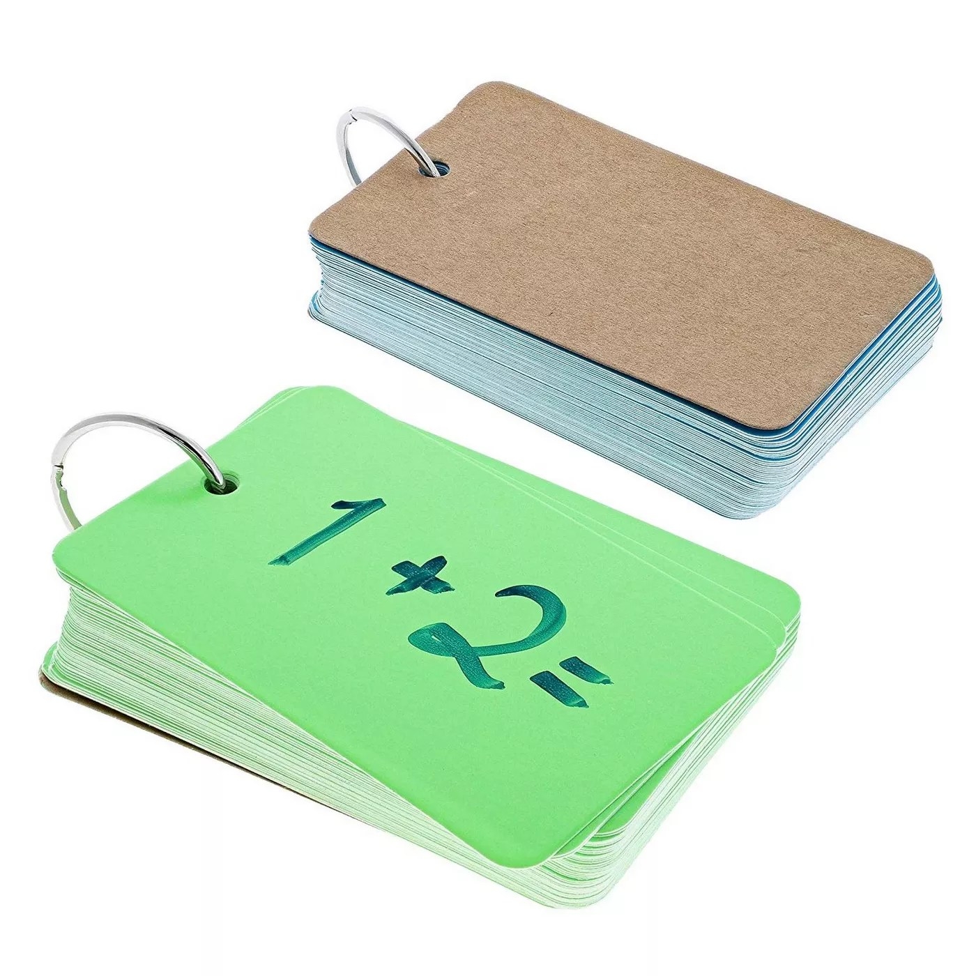 The packs of flashcards in neon green and neon blue on rings