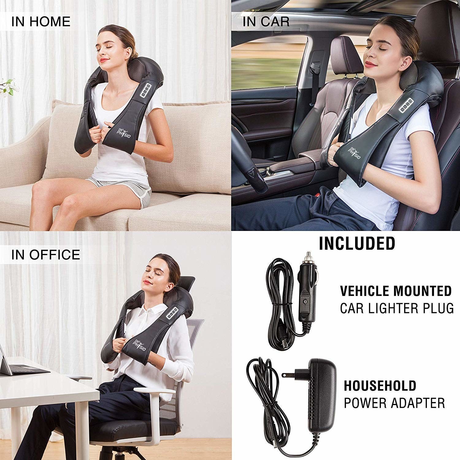 A collage of images showing various situations you can use the massager in, such as at home, in the office, in the car, etc.