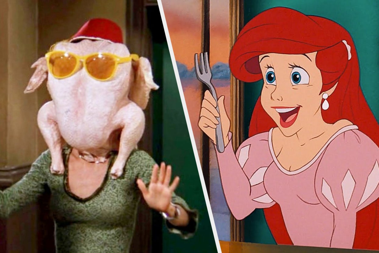 Ariel holding a fork next to a person with a turkey on their head