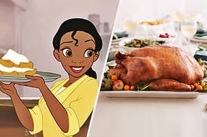 Tiana holding some desserts on a plate next to a thanksgiving turkey