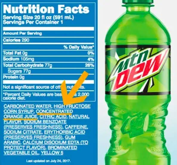 Mountain Dew nutrition facts with orange yellow pointing to &quot;Concentrated orange juice,&quot; which is third in its list of ingredients