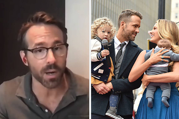 Ryan Reynolds talking to his webcam next to a photo of him and Blake Lively holding their children and smiling
