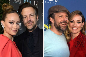 Olivia Wilde and Jason Sudeikis posing on the red carpet together