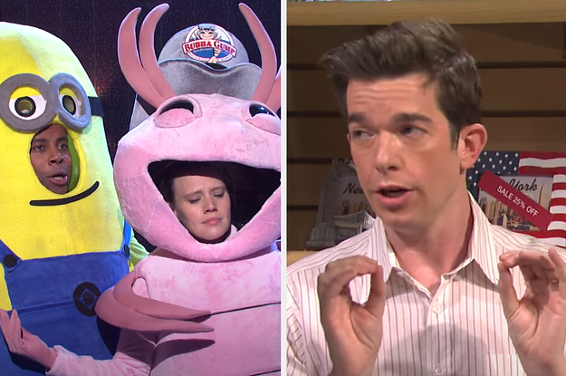 Kenan and Kate in minion and shrimp costumes, and John Mulaney explaining