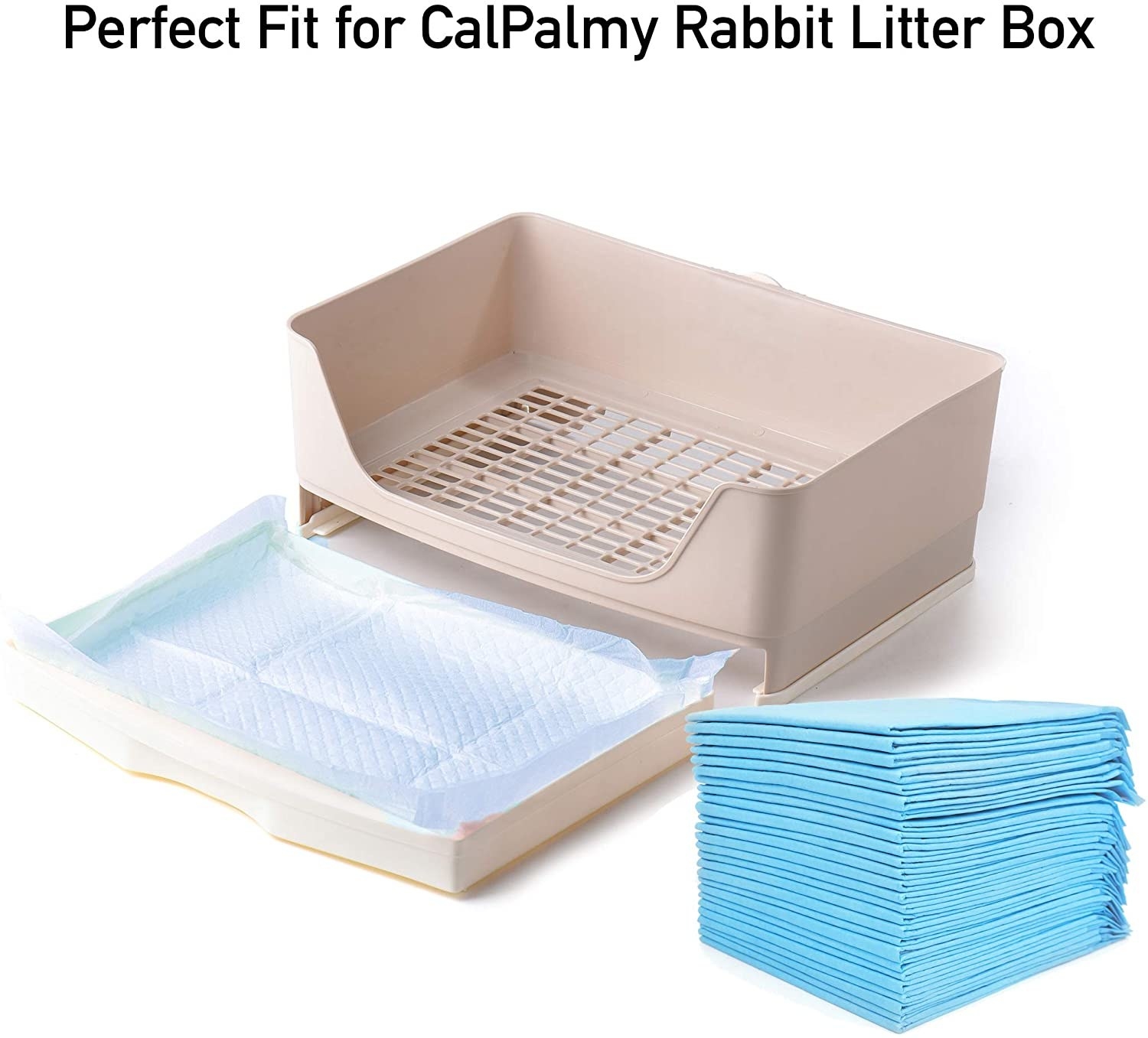 The potty pads stacked and stretched out on a rabbit litter box to show their size