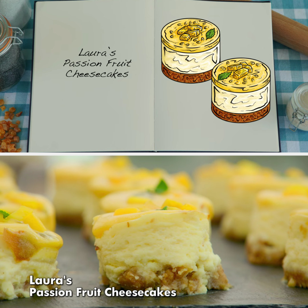 Laura&#x27;s cheesecakes side-by-side with their drawing