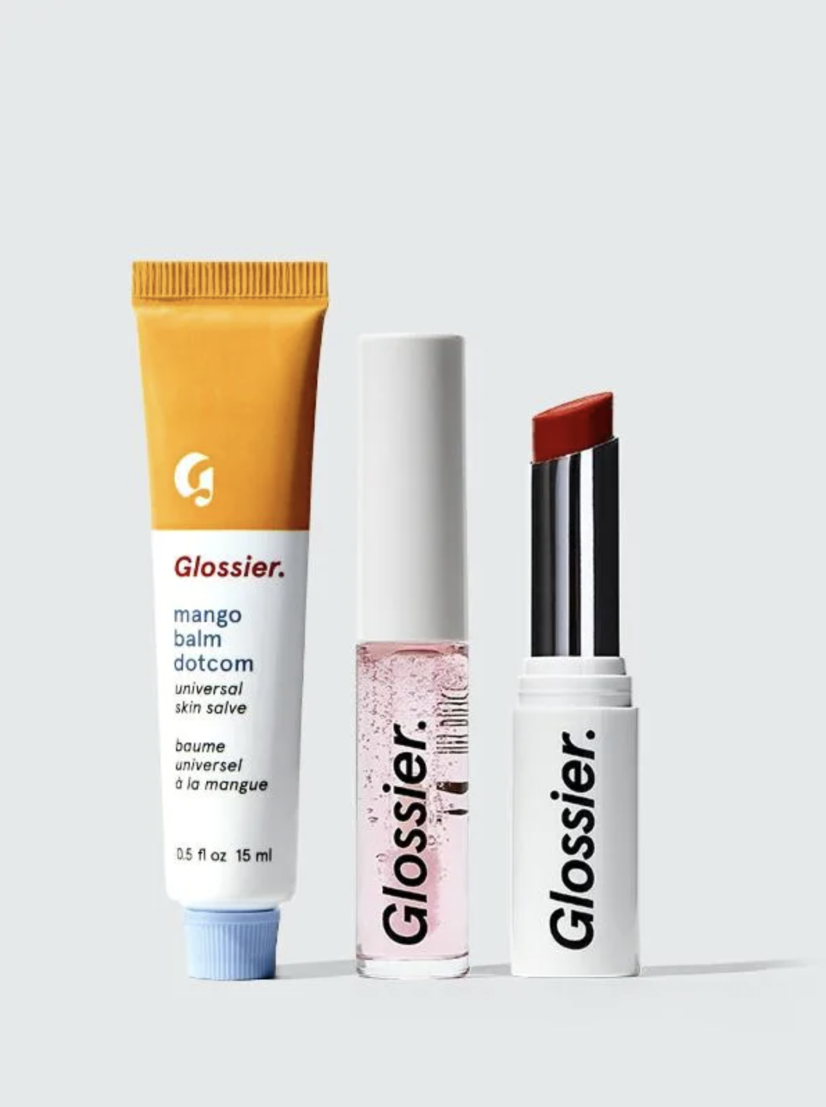 The squeezable Balm Dotcom tube, Lip Gloss applicator bottle, and retractable Generation G lipstick tube
