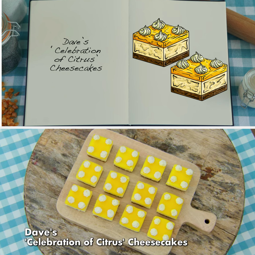 Dave&#x27;s cheesecakes piped with meringue kisses side-by-side with their drawing