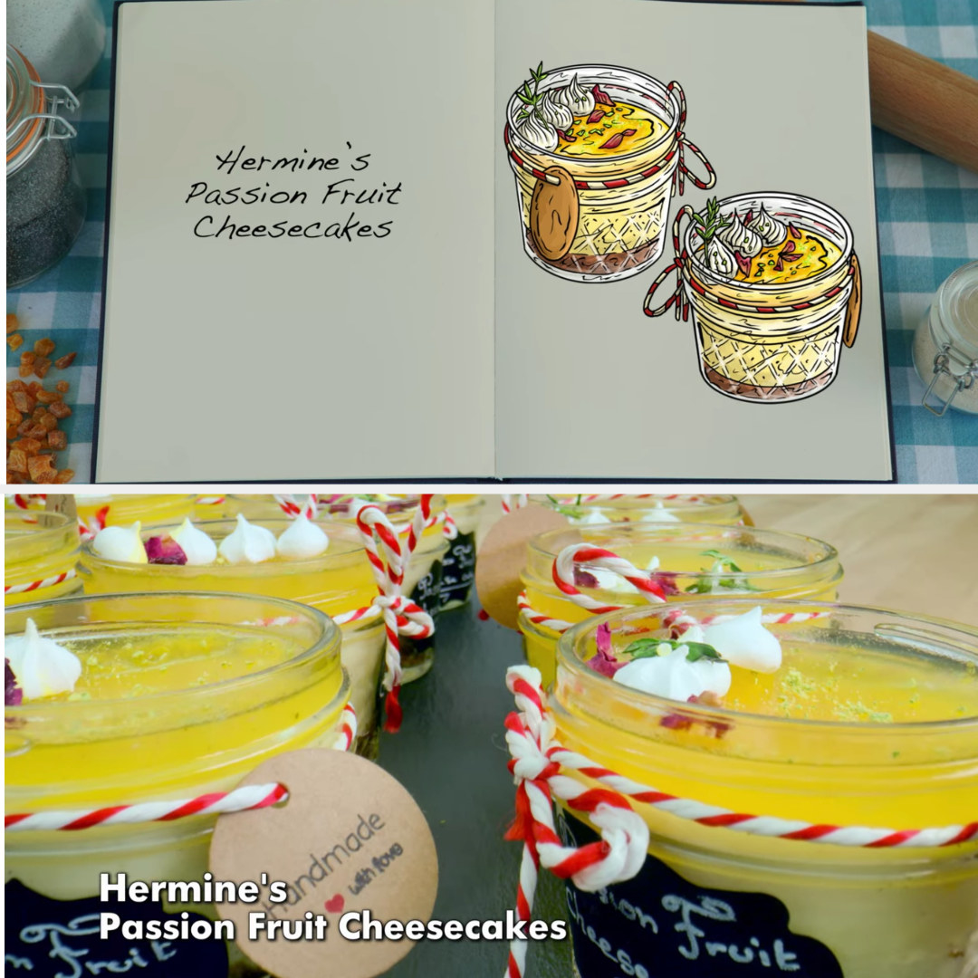 Hermine&#x27;s cheesecakes in adorable little festive jars side-by-side with their drawing