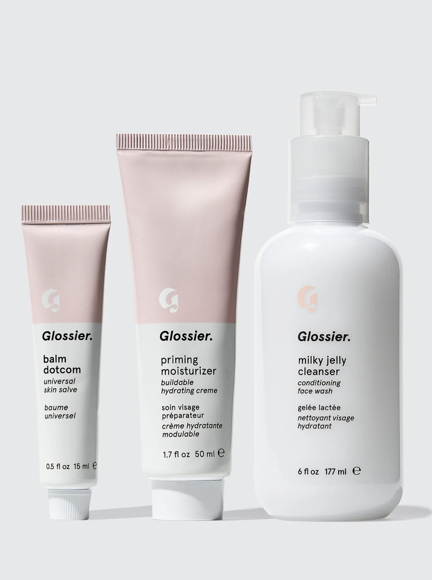 The squeezable Balm Dotcom and Priming Moisturizer tubes alongside the Milky Jelly Cleanser bottle