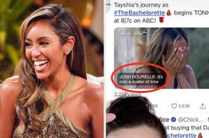 Tayshia Adams in an episode of "The Bachelorette" next to the viral TikTok that sparked rumors