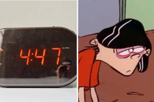 A clock that reads 4:47 next to a cartoon of a kid with red eyes looking tired